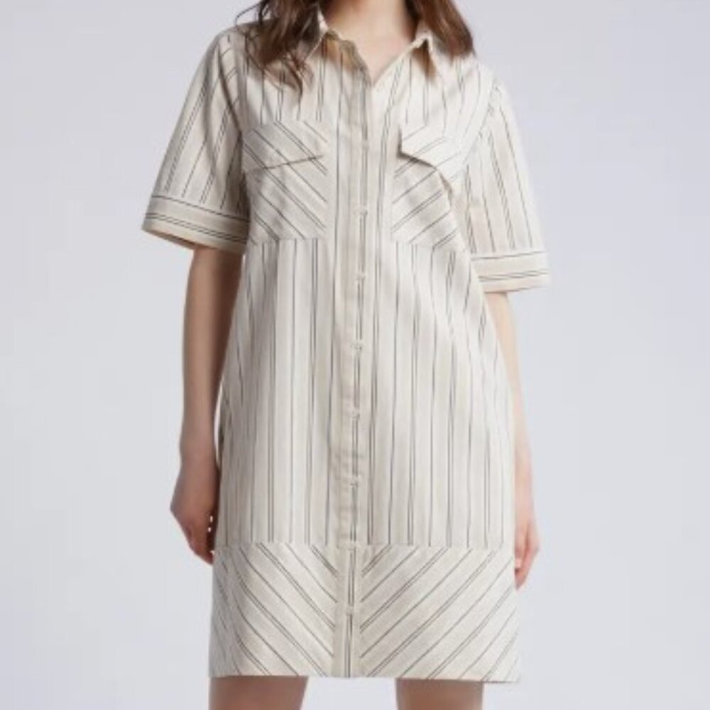 Nordstrom Stripe A-Line Cotton Button Front Shirtdress Beige White 1X NWT